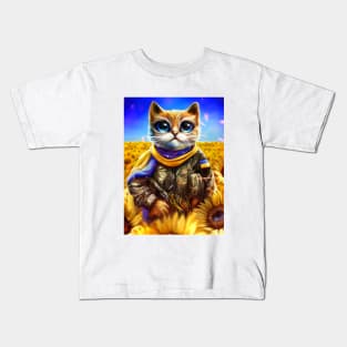 Ukrainian cat warrior in a field of sunflowers Kids T-Shirt